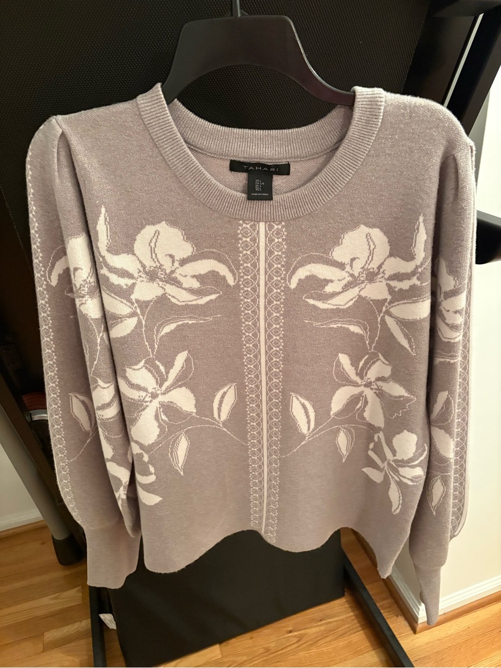 Tahari Beige and Cream Floral Crewneck Sweater